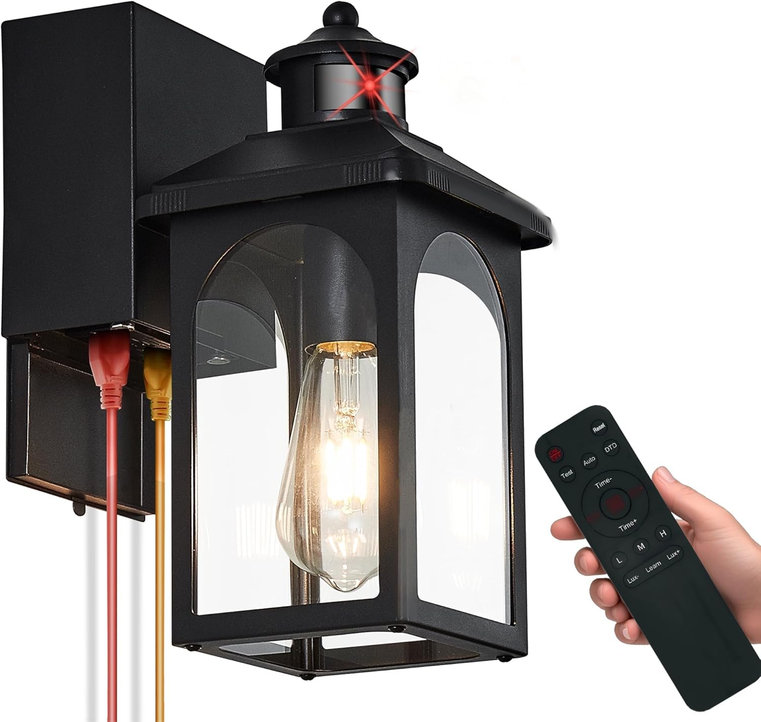 Porch Light with GFCI Outlet: Motion Sensor Porch Lights Outdoor with Remote Control Dusk to Dawn Exterior Lighting Fixtures Black Modern Outdoor Wall Lights for House Garage Patio Front Door