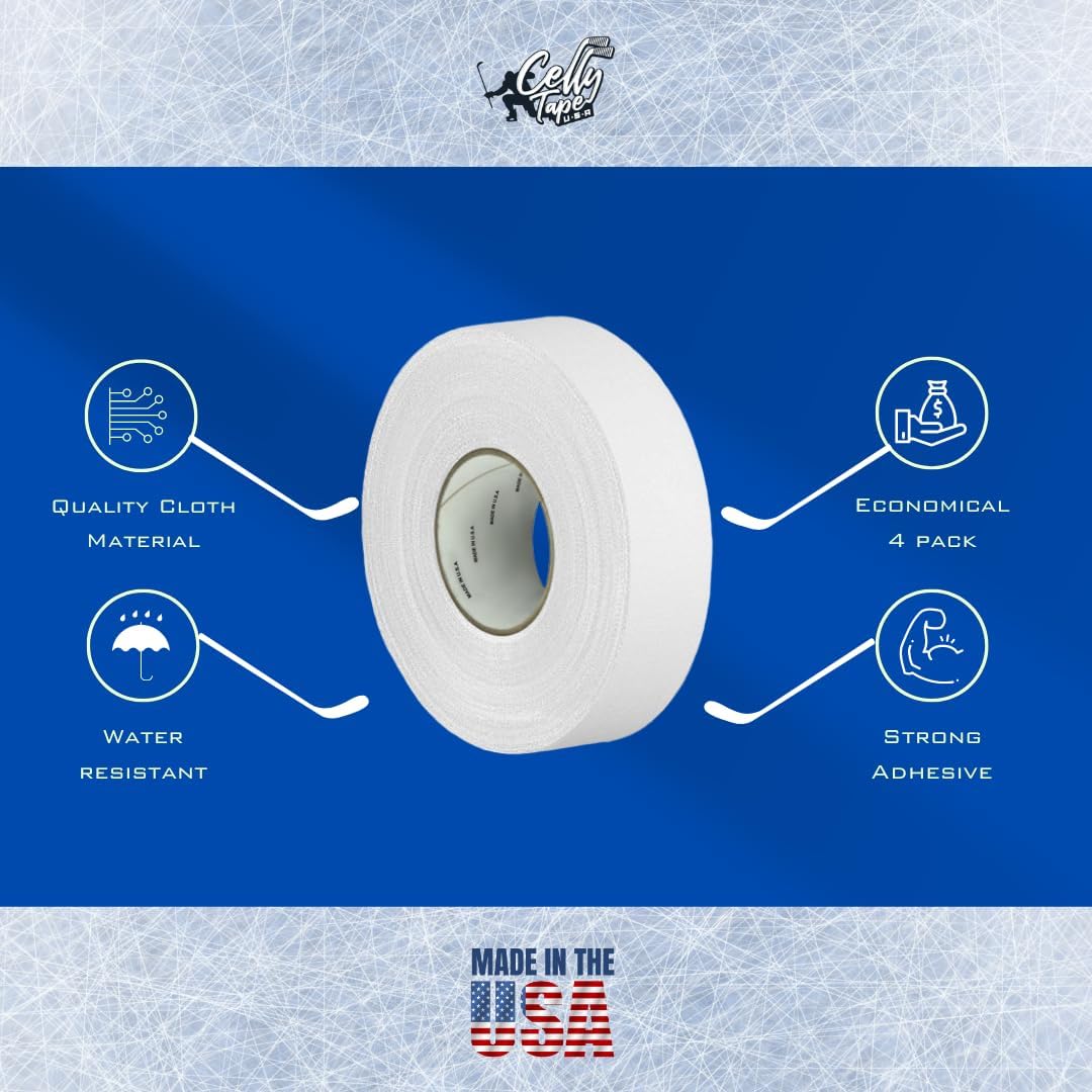 CellyTape Hockey Stick Tape 4-Pack, Strong Adhesive for Ice and Roller Hockey Sticks, Baseball bat Tape, Lacrosse Sports Handle. Easy Tearing pro Tape Made in USA (White) : Sports & Outdoors