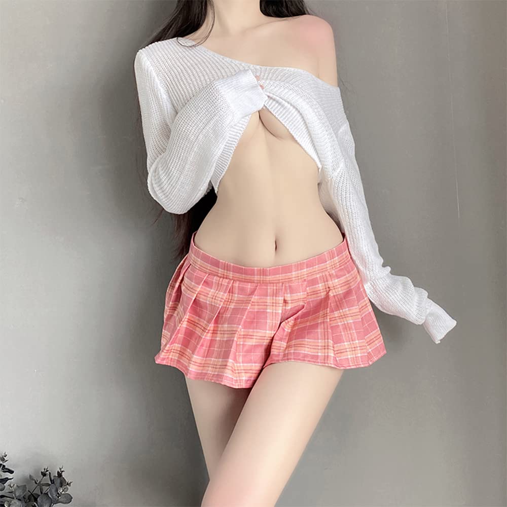 QNCLO Japanese female student JK uniform sexy Kawaii cosplay student perspective bra wrap mini shirt and pleated skirt: Pink