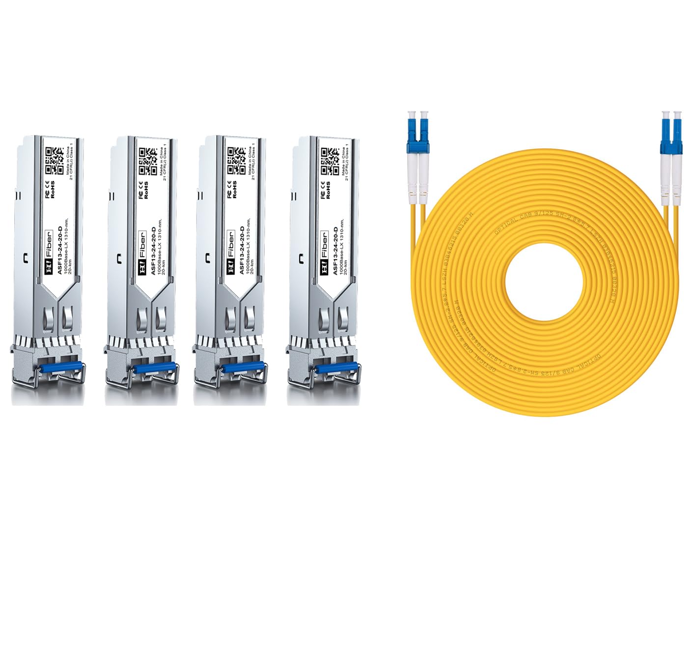 4 Pack 1G Single Mode SFP LC Module with 50m OS2 LC to LC Fiber Patch Cable, 1000Base-LX SFP Fiber Transceiver, SMF 1310nm, 20km, DDM, Compatible with Cisco