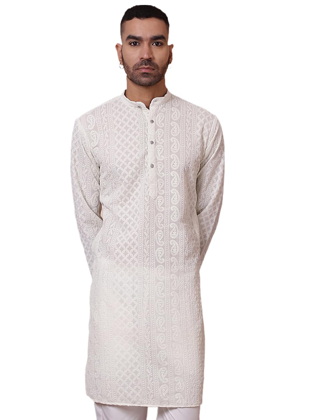 Jompers White Chikankari Embroidered Kurtas For Men. (White, M)