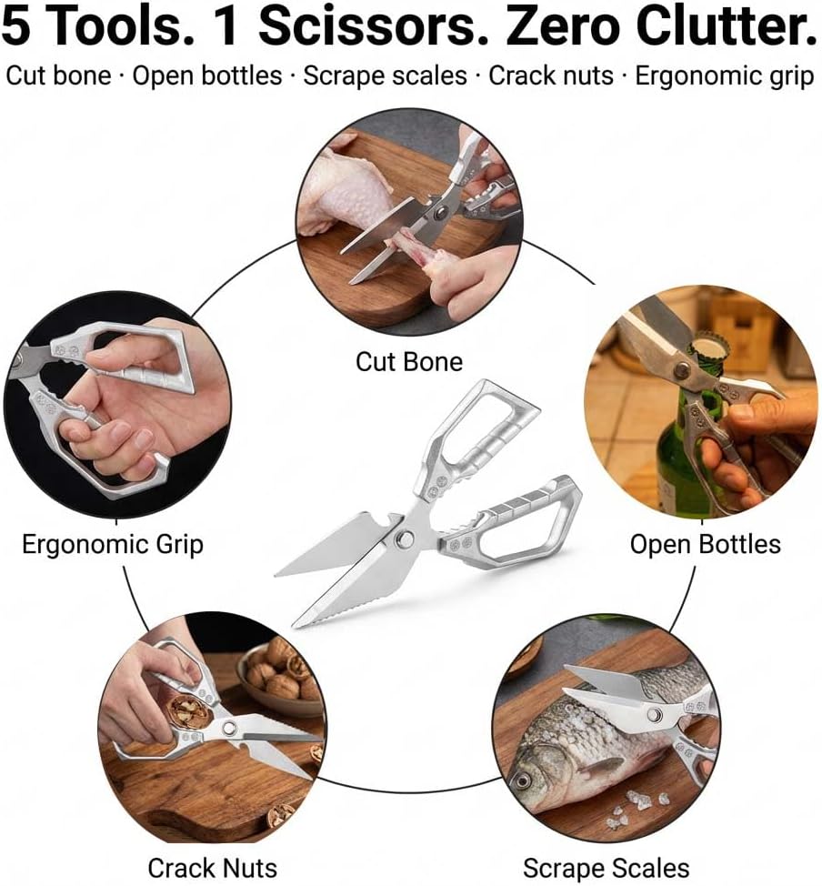 Kitchen Scissors Heavy Duty All Purpose – Stainless Steel Kitchen Shears for Food, Poultry Shears Bone Cutting, Meat Scissors with Serrated Blade, Dishwasher Safe for Chicken Turkey