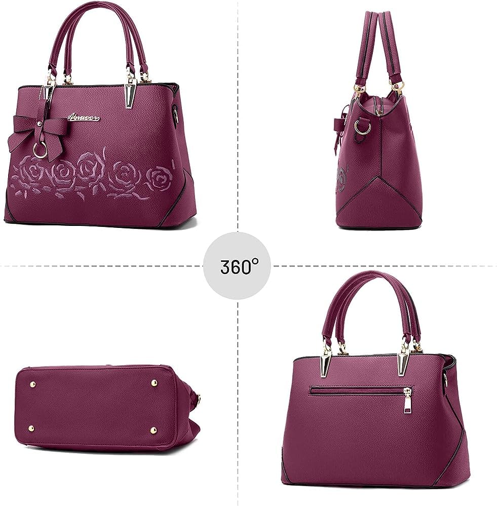 Image of Downupdown Top Handle Bag Women Handbags Faux Leather Satchel Flower Embroidery Purse Medium Tote Bags Crossbody Shoulder Bag