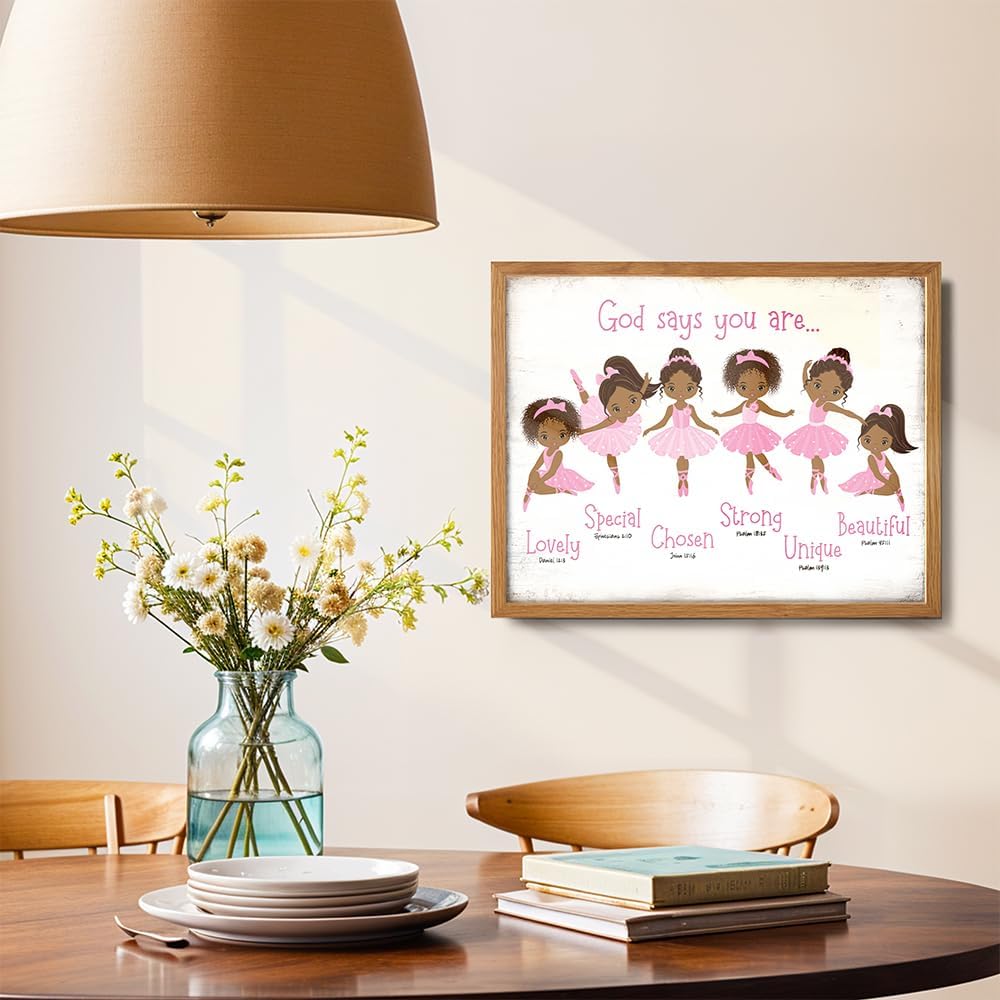 Black Afro African American Girl 11x14 FRAMED - God Says Christian Bible Verses Wall Art, Religious Room Decor, Toddler Little Girls Bedroom Decor, Pink Ballerina Baby Room Decorations, Daughter Gifts