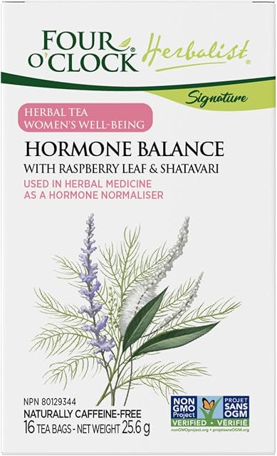 Four O'Clock Herbalist, Hormone Balance Herbal Tea, Raspberry Leaf & Shatavari, Supports Hormonal Health, Relieves Menstrual & Menopause Symptoms, Promotes Well-Being, Non-GMO Project, 16 Tea Bags