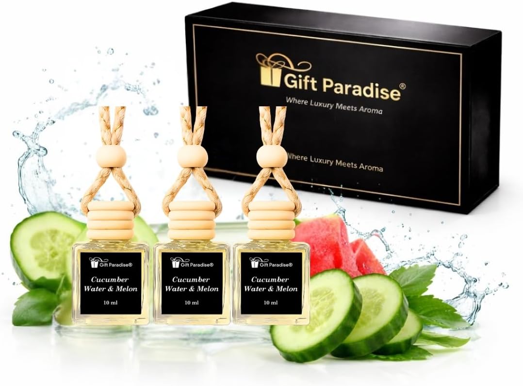 Gift Paradise® Cucumber Water & Melon Car Air Freshener Set of 3 with Magnetic Gift Box, 10 ml Hanging Diffuser Bottles with Wooden Cap, Fresh Clean Summer Scent for Car, Home & Closet
