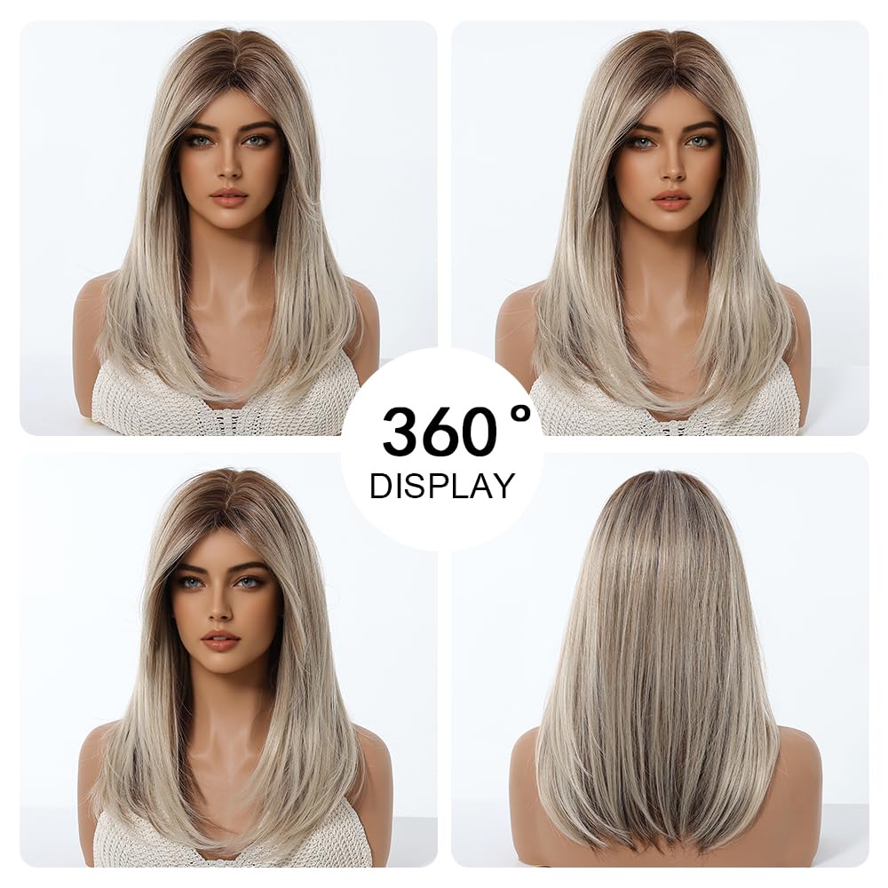 Ombre Aschblonde Perücken für Frauen Mittellange Lange Gerade Perücke mit Vorhang Pony Synthetisches Haar Hitzebeständige Perücken
