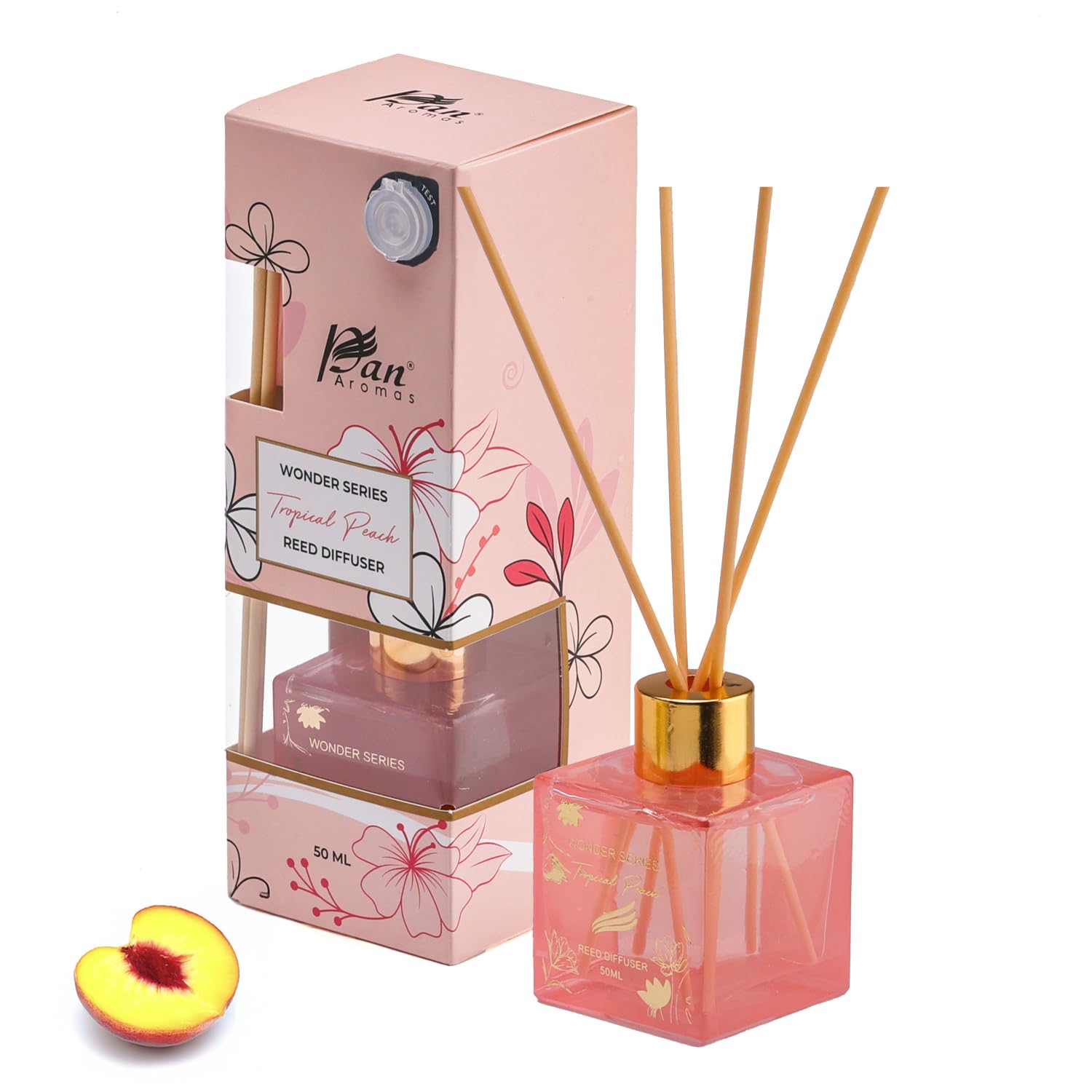 Pan Aromas Glass (50ml) Tropical Peach Reed Diffuser Set - Wonder Series| Room Air Freshener| Scented Reed Diffuser For Home Fragrance - Offices, Home, Bathroom & Living Room| Lasts Up To 25-30 Days-image-1