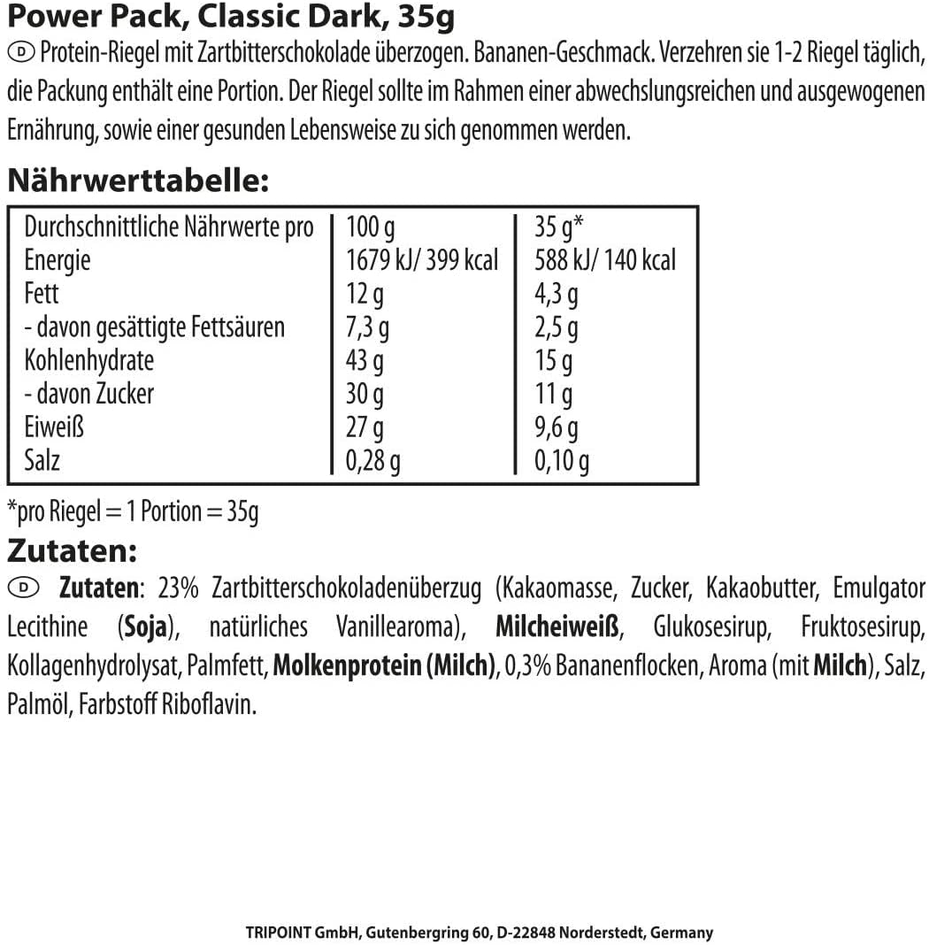 Multipower Power Pack Classic Dark Protein Riegel, Banane-Vanille, 24x35g | 27% Protein, Eiweißriegel, Gesunder Sport-Snack, Klassischer Bar