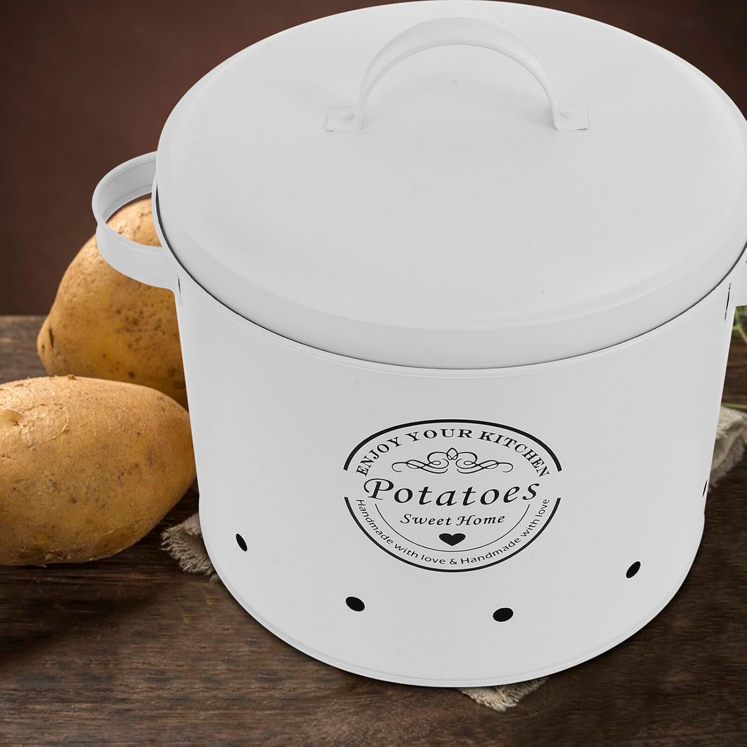 Garlic Keeper and Potato Storage Bin White Iron Vegetable Storage Container with Ventilation for Kitchen Pantry Onion Ginger Holder