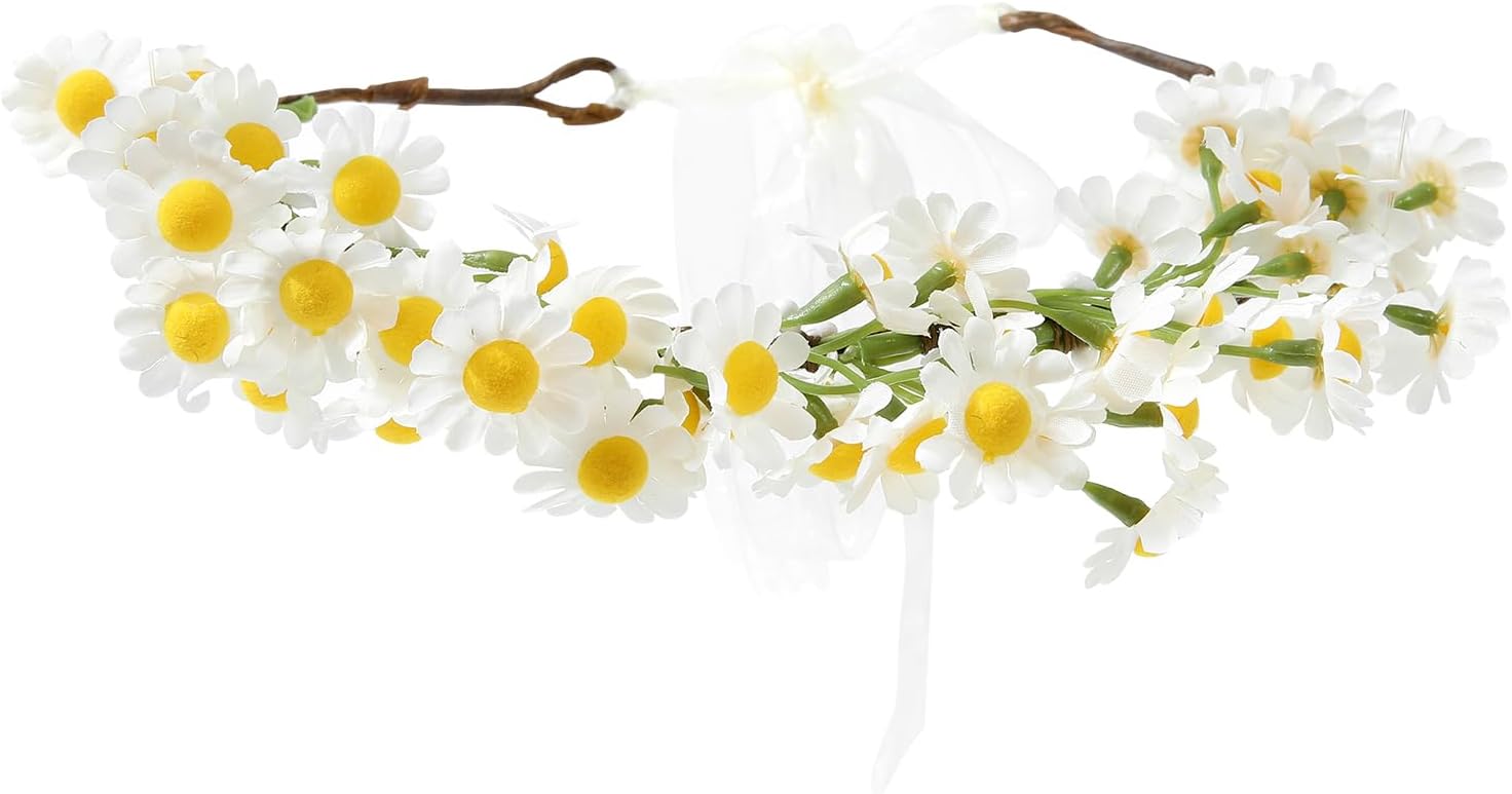 AWAYTR Flower Hippie Floral Crown - Boho Sunflower Headband for Women, Hippie Costume and Hair Accessories (White)