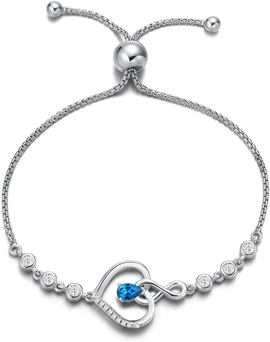 AGVANA Valentines Day Gifts Heart Birthstone Bracelets for Women Sterling Silver Genuine or Created Gemstone Tennis Bracelet Infinity Love Jewelry Anniversary Birthday Gifts for Wife Mom Women