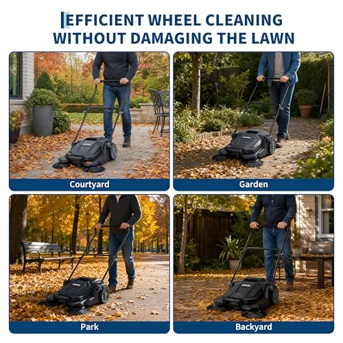 Image of Walk-Behind Hand Push Floor Sweeper, 25.6 Inch Wide Manual Non-Electric Sweeper with 5 Gallon Waste Bin, Adjustable Folding Handle Heavy Duty Yard Sweeper for Garage Patio Walkway Driveway Leaf Debris