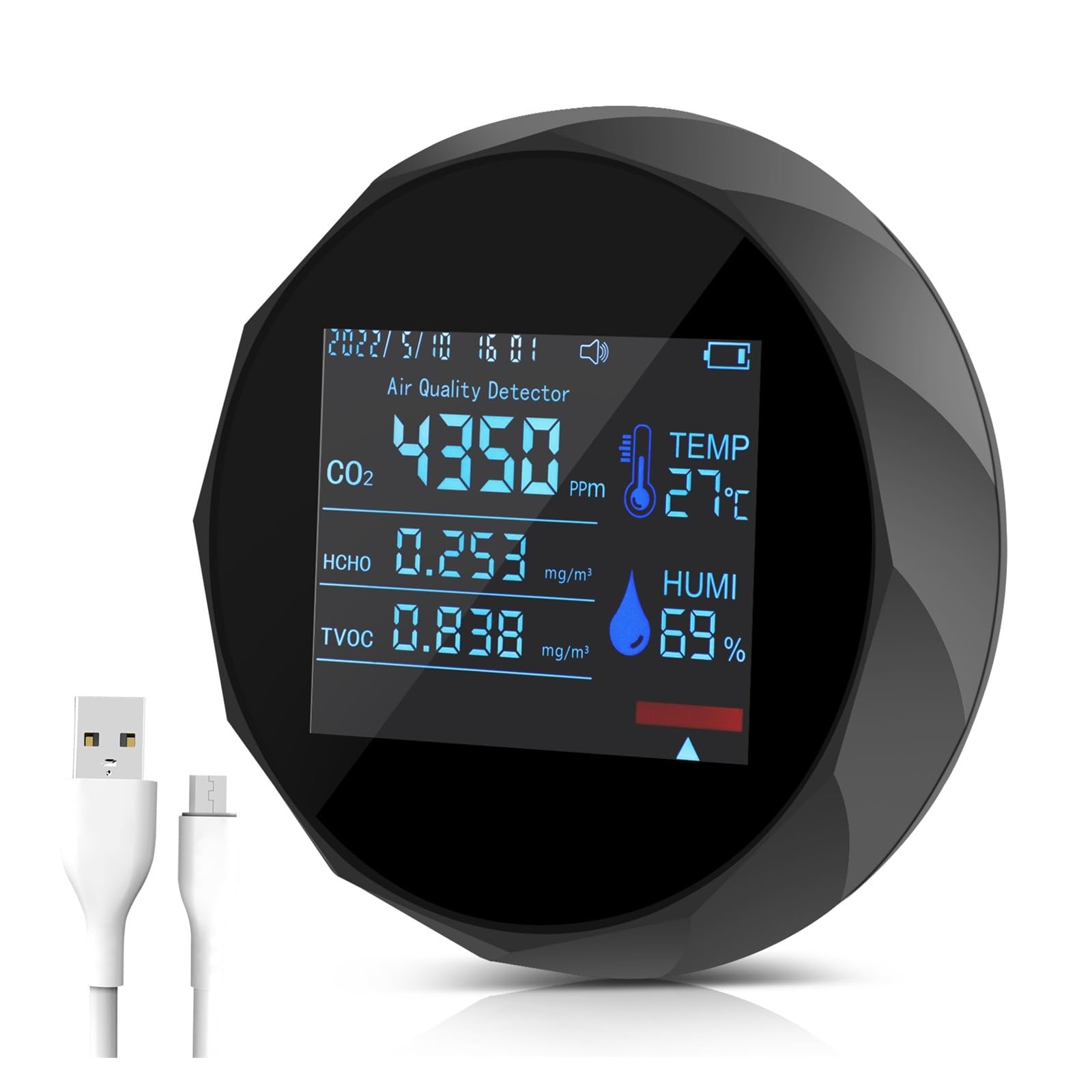 7 In 1 Misuratore di CO2 Digitale Temperatura Umidità Tester TVOC HCHO Rilevatore Monitor di qualità dell'aria Avviso Monitor di allarme(Noir)