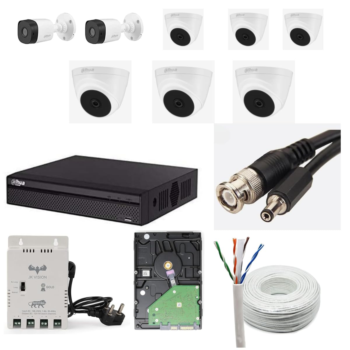 Dahua 2MP HD CCTV Camera Full Set, 2 Bullet, 6 Dome, 8 Channel DVR, 8 Channel JK Vision Power Supply, 1TB Hard Disk, 90 Meter Cable, BNC/DC Connector-picture-29
