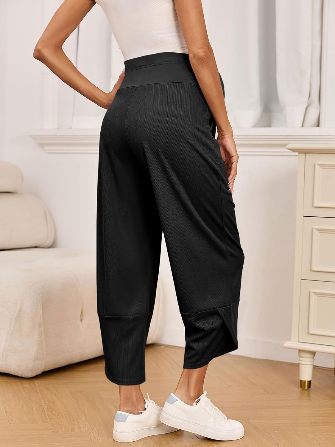 Yousify Womens Wide Leg Maternity Pants Casual Stretchy Ribbed Palazzo Pregnancy Trousers with Pockets - Image 3