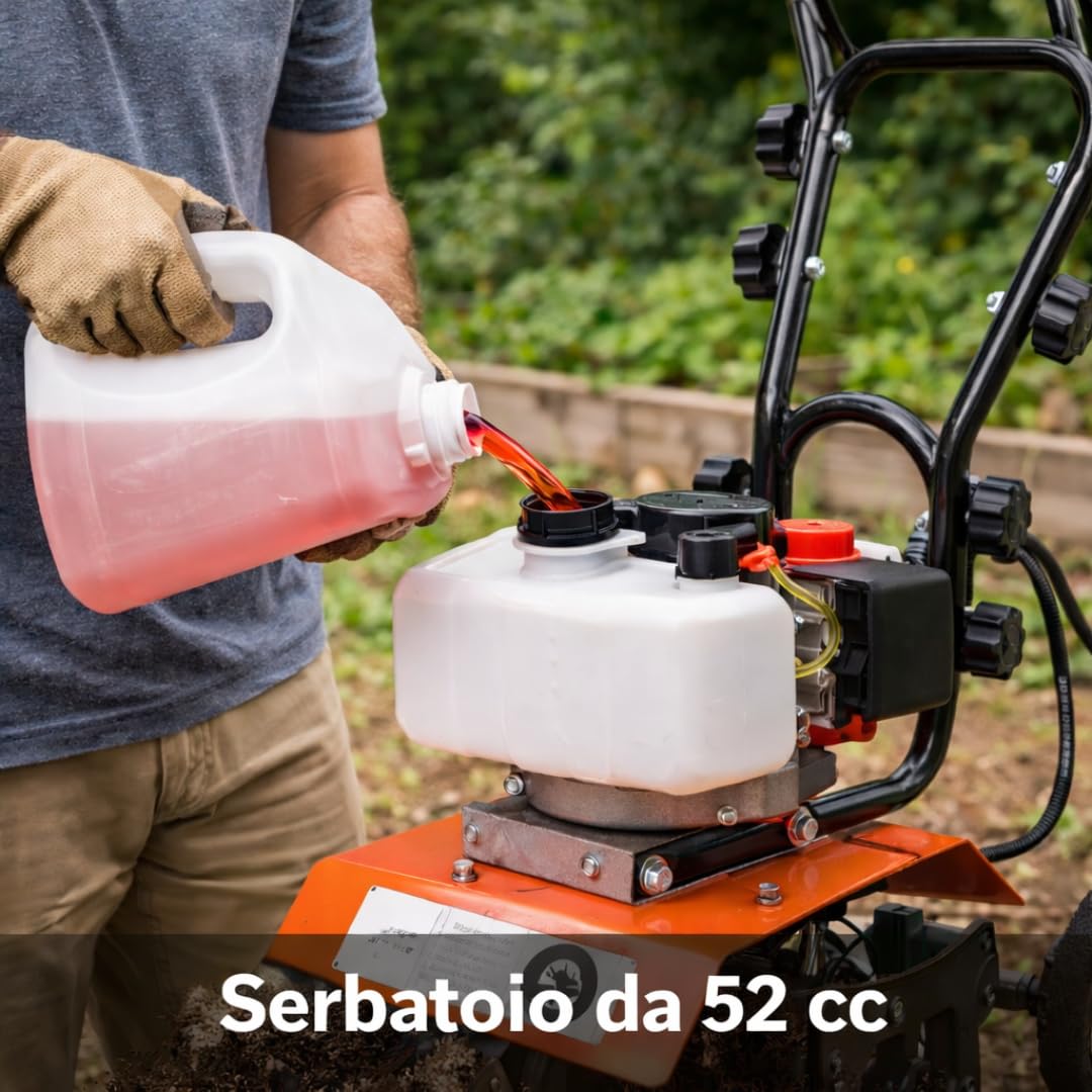 Motozappa a Scoppio 52cc Motocoltivatore 2 Tempi Zappatrice per Giardino Orto Larghezza 300 mm Profondità 150 mm Zappette Acciaio