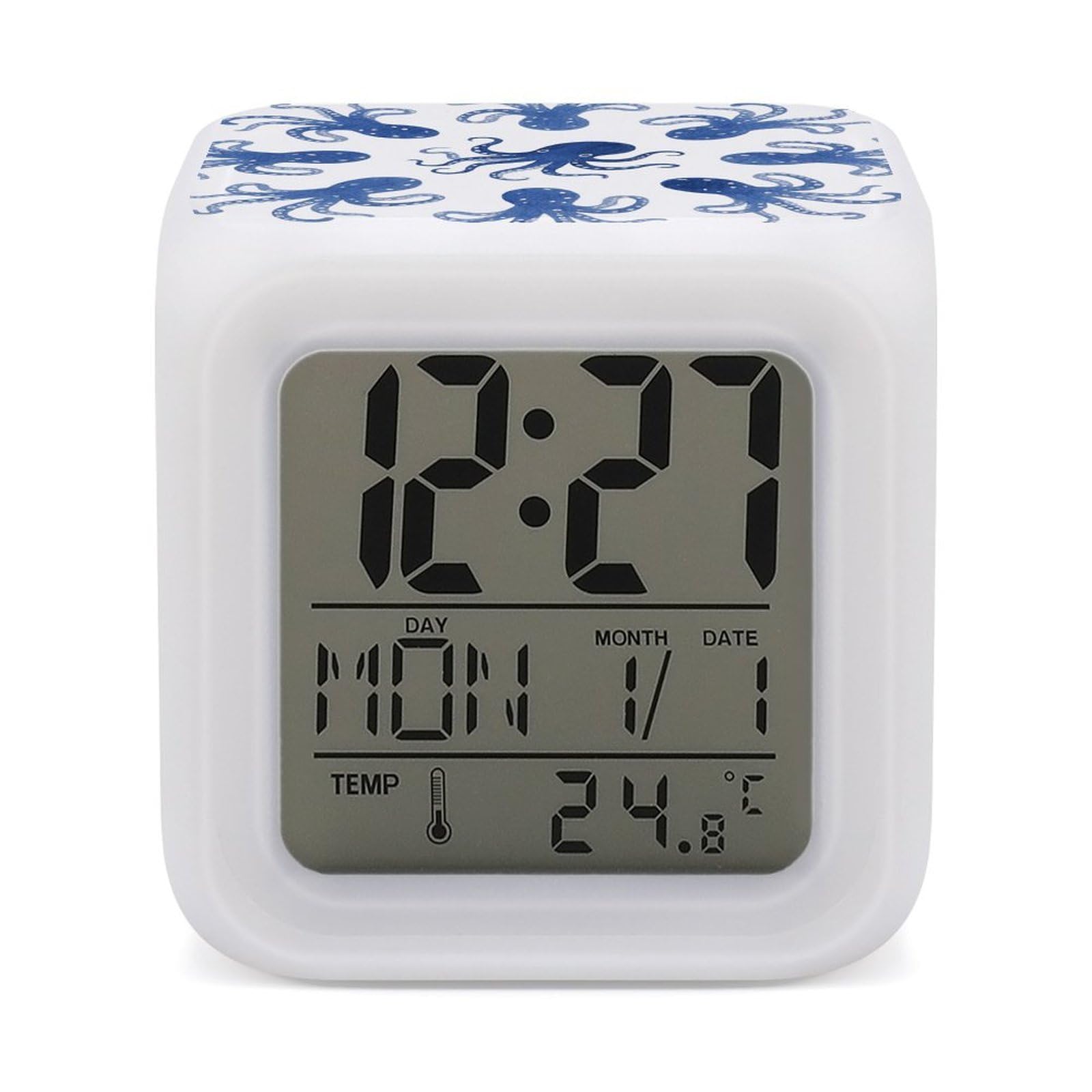 FodPand 7 Color Ambient Night Light Cube Battery Operated Blue Octopus Digital Clock with Snooze Temperature LED Digital Alarm Clocks Dimmable Wake Up Light Portable Mood Lamp for Bedroom Desk Gift