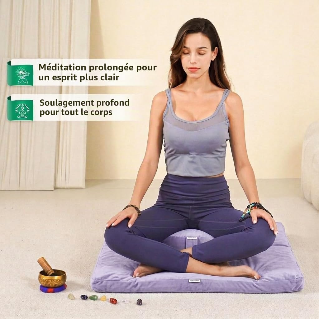 Hihealer Ensemble Coussin de Méditation et Tapis Zabuton - Grand Zafu et Tapis de Méditation pour Hommes et Femmes, Idéal pour Yoga, Relaxation et Pleine Conscience (Violet, 40x40x13cm & 80x80x8cm)