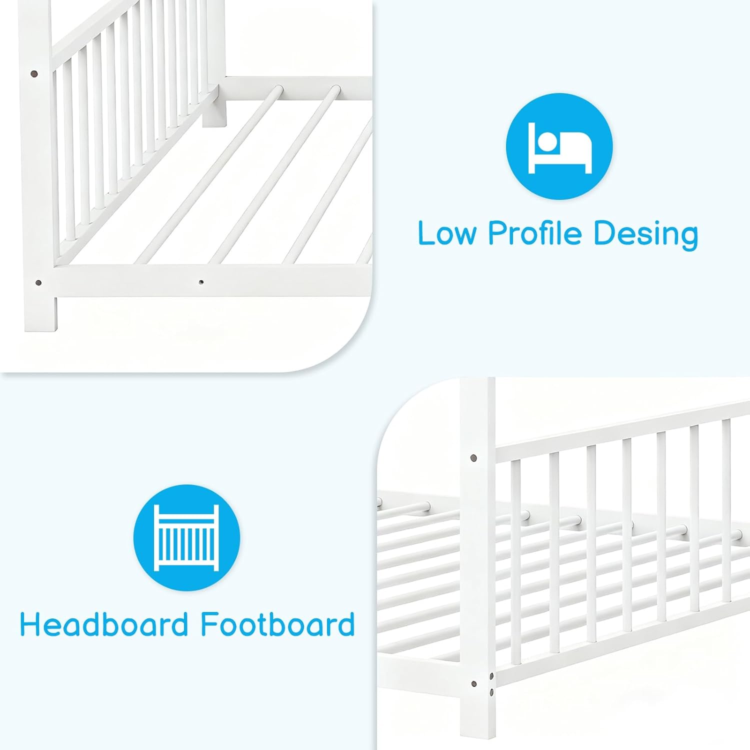 Karl home Full Size Toddler Floor Bed, Metal Montessori Bed with Slats & Fence, Roof/House/Canopy Bed Frame for Girls, Boys, No Box Spring Needed, White