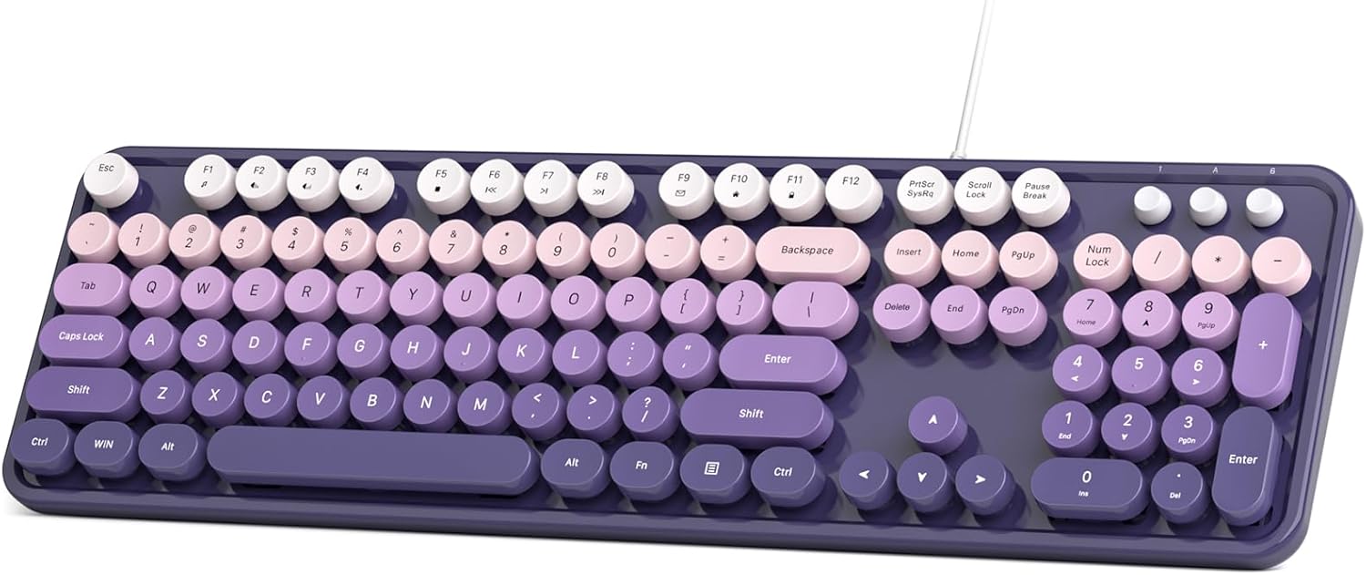 Wired Retro Keyboard, 104 Keys Full-Sized Typewriter Keyboards, Office Keyboard with Number Pad, Foldable Stands for Windows, PC, Laptop, Desktop (Purple Gradient)