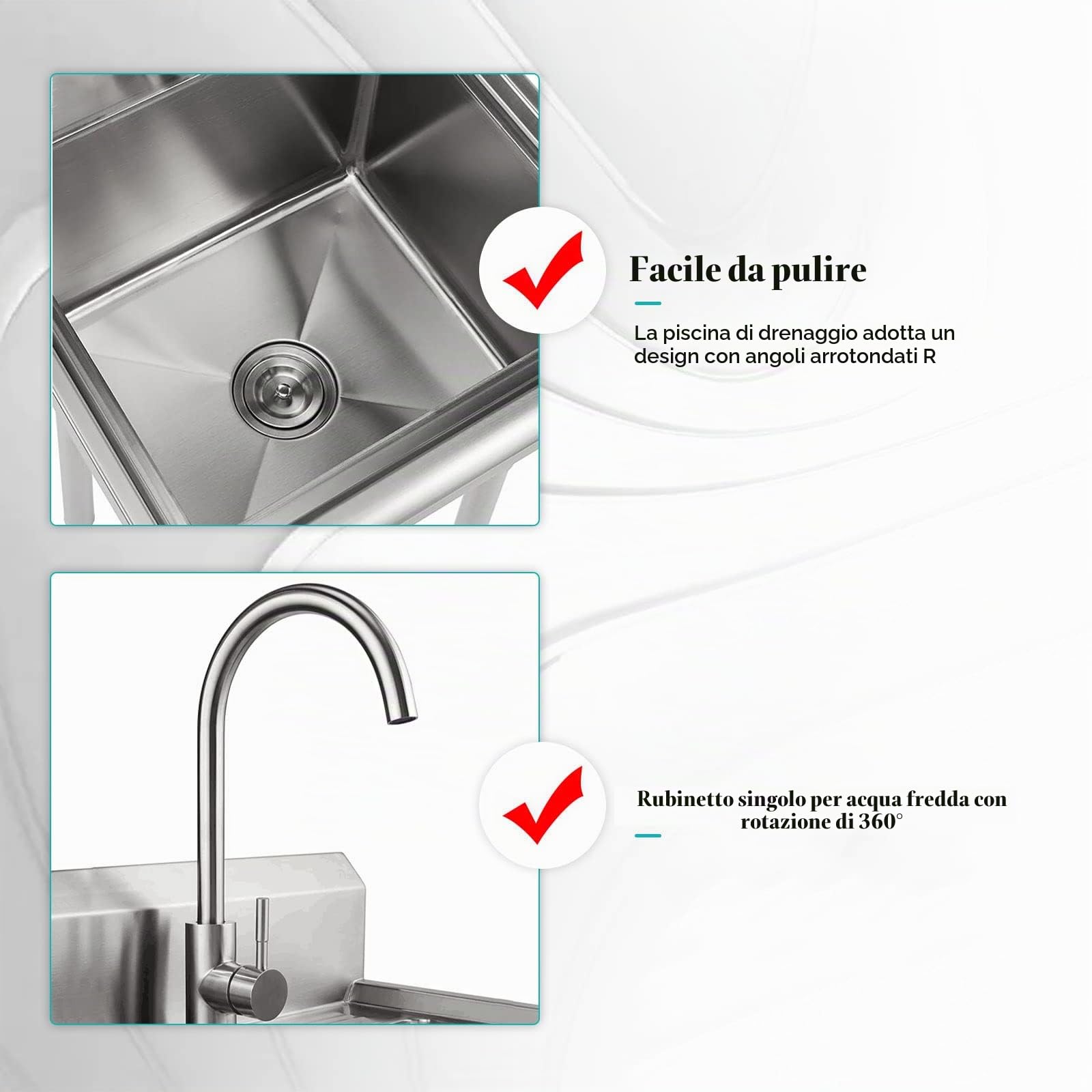 Acciaio Inox Lavello da Cucina per Esterno Commerciale a vasca singola con Rubinetto per garage Lavamani industriale per la casa Ristorante,Lavanderia,Giardino 50cm x 50cm x 80cm