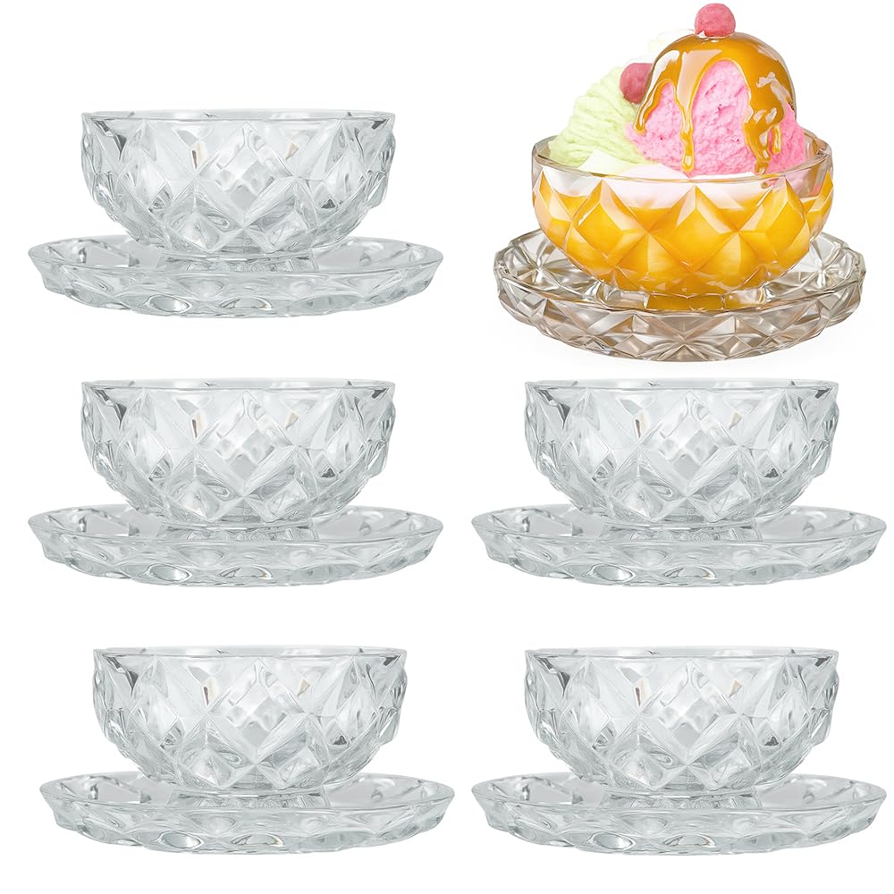Vintage Glass Dessert Bowls, Set of 6, 200ml, Glass Ice Cream Sundae Cups with Sunflower Pattern, Dessert Cups, Ideal for Ice Cream, Sorbet, Fruit, Snacks, Yogurt, and Appetizers
