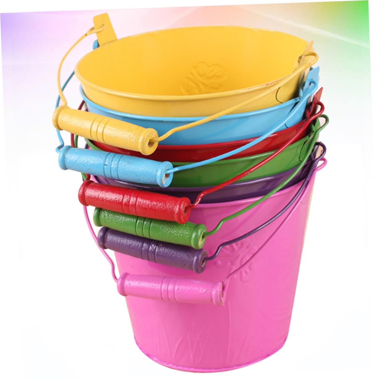Jouet de Plage Seau en Fer 6pcs Poignée Bois pour Garçon et Filles