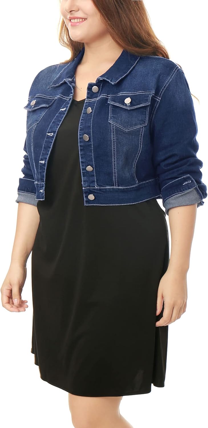 uxcell Women's Plus Size Button Closed Cropped Denim Jackets Stitching 2026 - Image 2