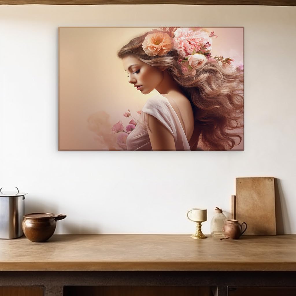Canvas for Living room. Whispers of Serenity in a Floral Dream A Young Woman's Enigmatic Elegance Against a Sunset Hues Canvas, 27 x 18 inch Canvas Wall Art - Botanical Home Decor