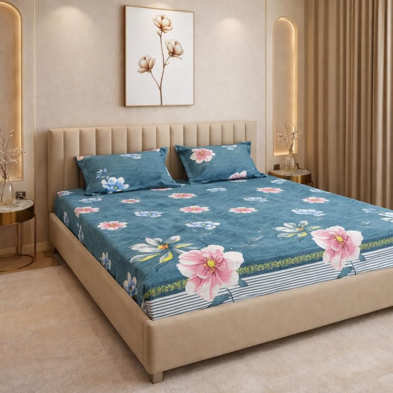 Image of THEA Double Bedsheet Set| 100% Cotton Like Soft Fabric | Microfiber Double Bedsheet for Double Bed (90 X 100 inches) with 2 Pillow covers,Royal Teal Flora