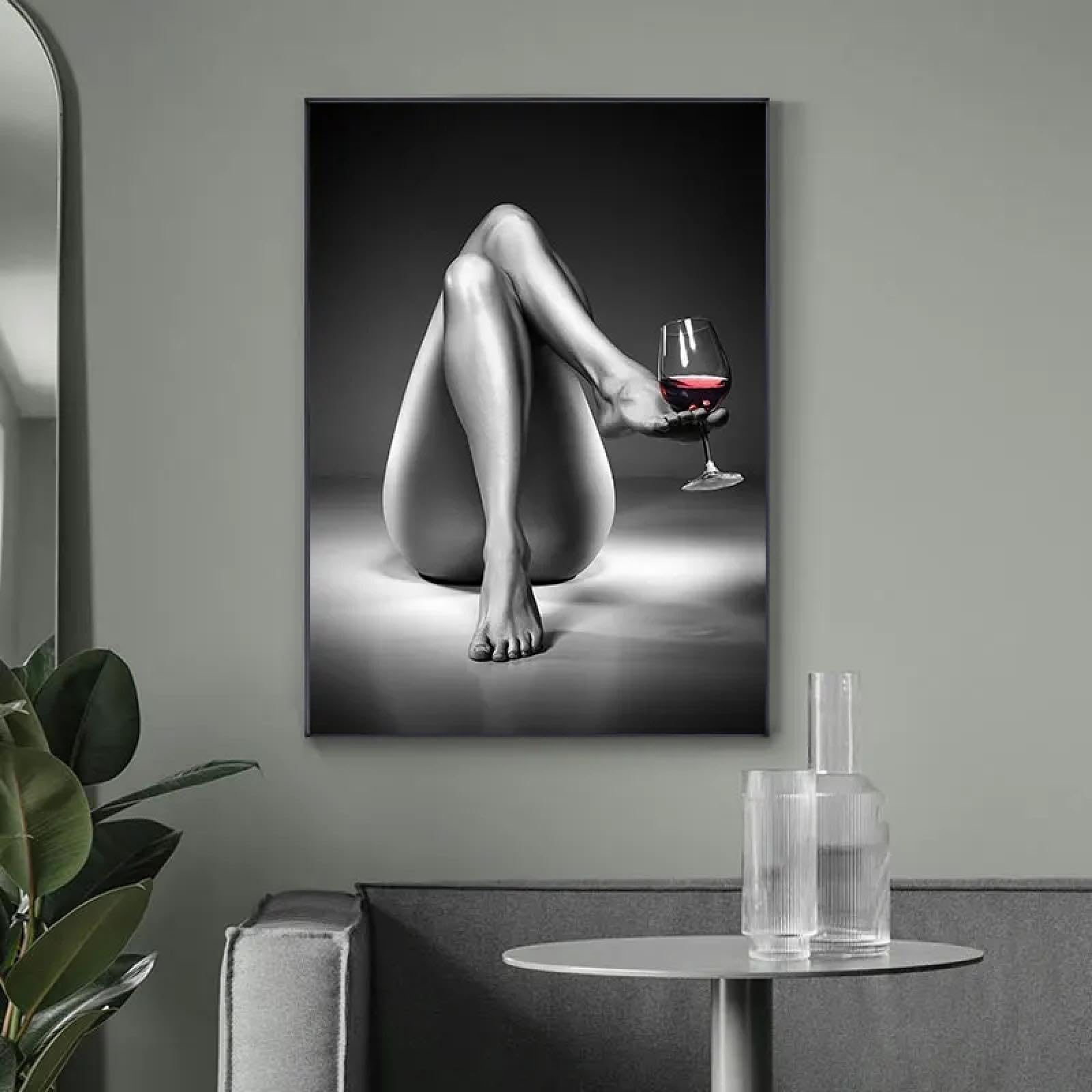 CHAOJIART Pósteres e impresiones de mujer desnuda, pinturas en lienzo de copa de vino, figura de chica sexy en blanco y negro, arte de pared para decoración de sala de estar, 70x100cm sin marco
