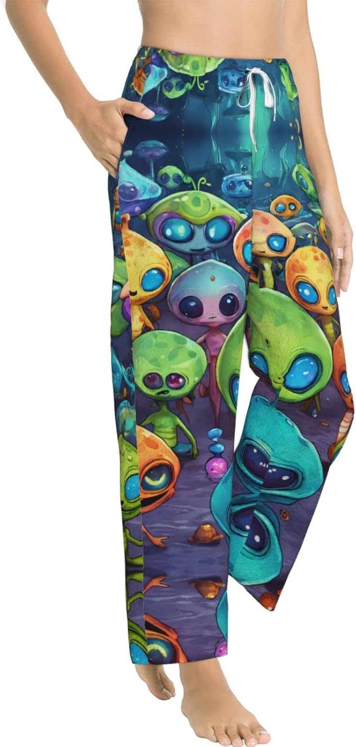 Astronaut And Alien Print Cozy Women'S Flannel Pajama Pants,Perfect For Christmas And Everyday Comfort