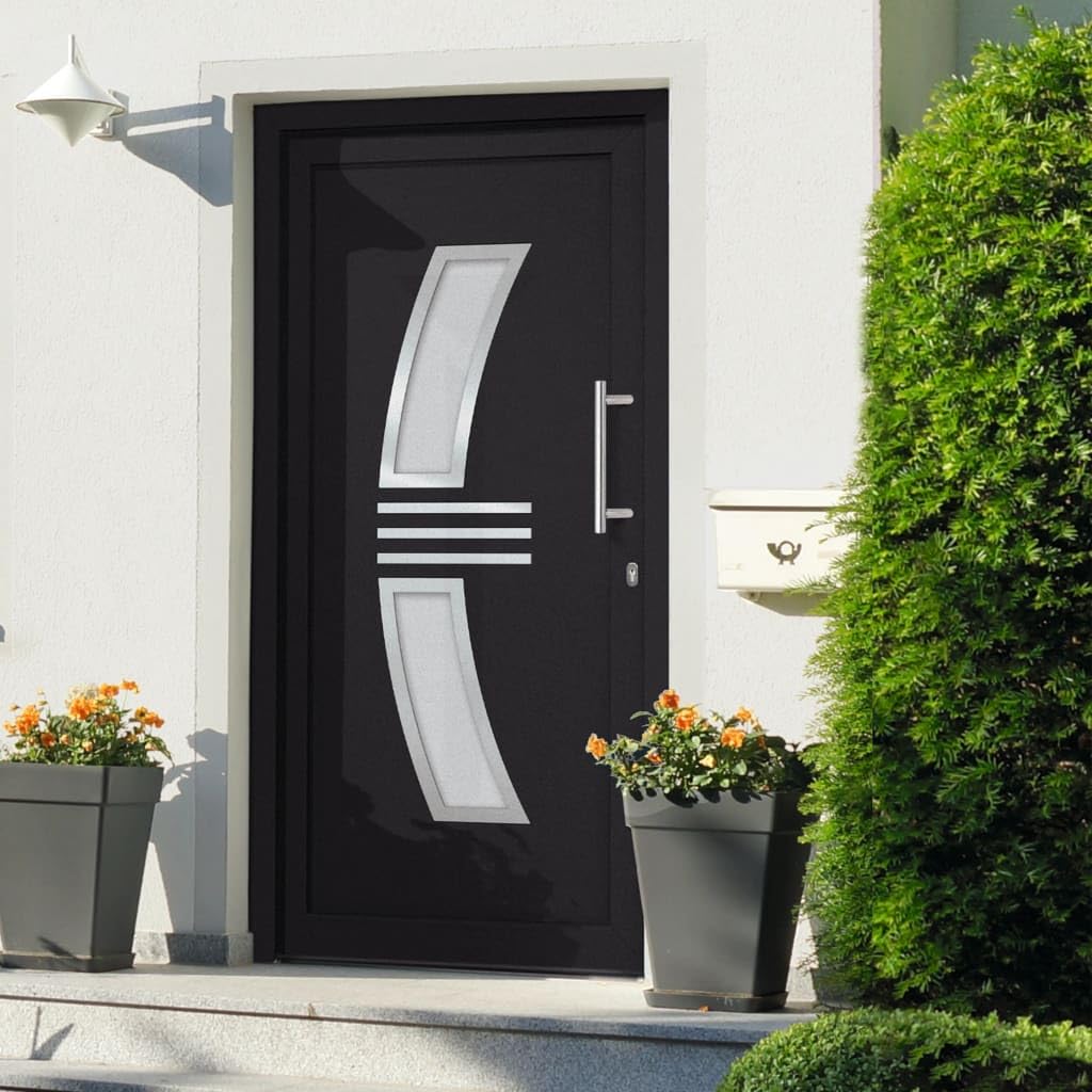 Porta d'ingresso in alluminio PVC antracite, 98 x 208 cm, con 5 chiusure a testa a fungo, cerniere 3D, vetri isolanti, apertura a destra per esterni