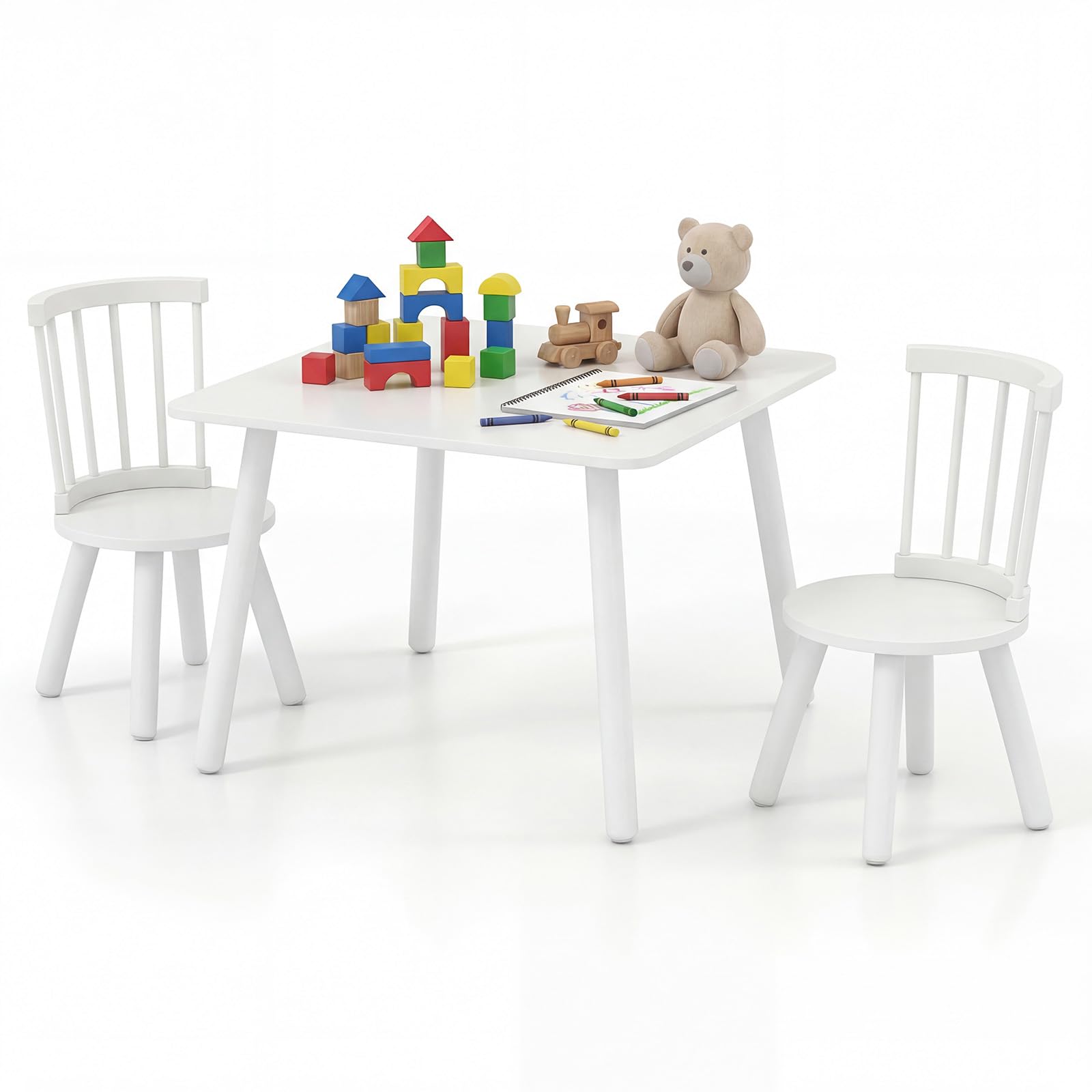 COSTWAY Kids Table and Chairs, Wooden Children Activity Desk Chair Set with Curved Backrest, 3 PCS Toddler Table and Chair Set for Playroom, Daycare (White)