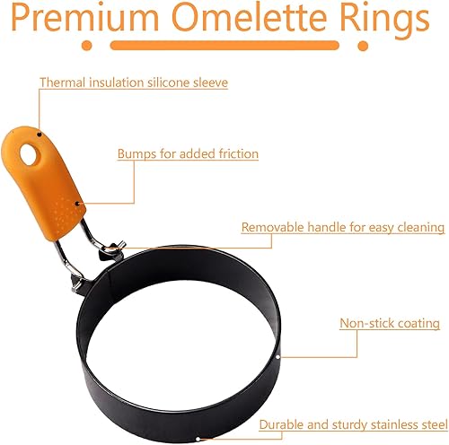 Miniatura 2 de Molde para panqueques de 8 pulgadas, paquete de 2 anillos para tortitas de tortilla, antiadherentes, de acero inoxidable, redondos, con mango