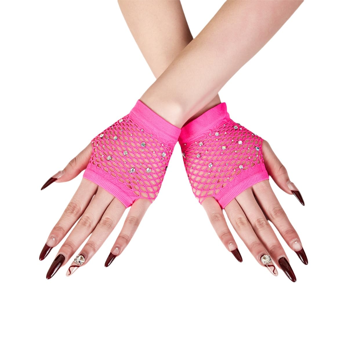 Rhinestones Fishnet Gloves, 1 Pair Mesh Fingerless Fish Net Sparkly Glitter Gloves, Stretchy Short Neon Mitten for 80s Party Cosplay, Arm Sleeves Bridal Glove for Wedding Halloween Nightclub Fancy