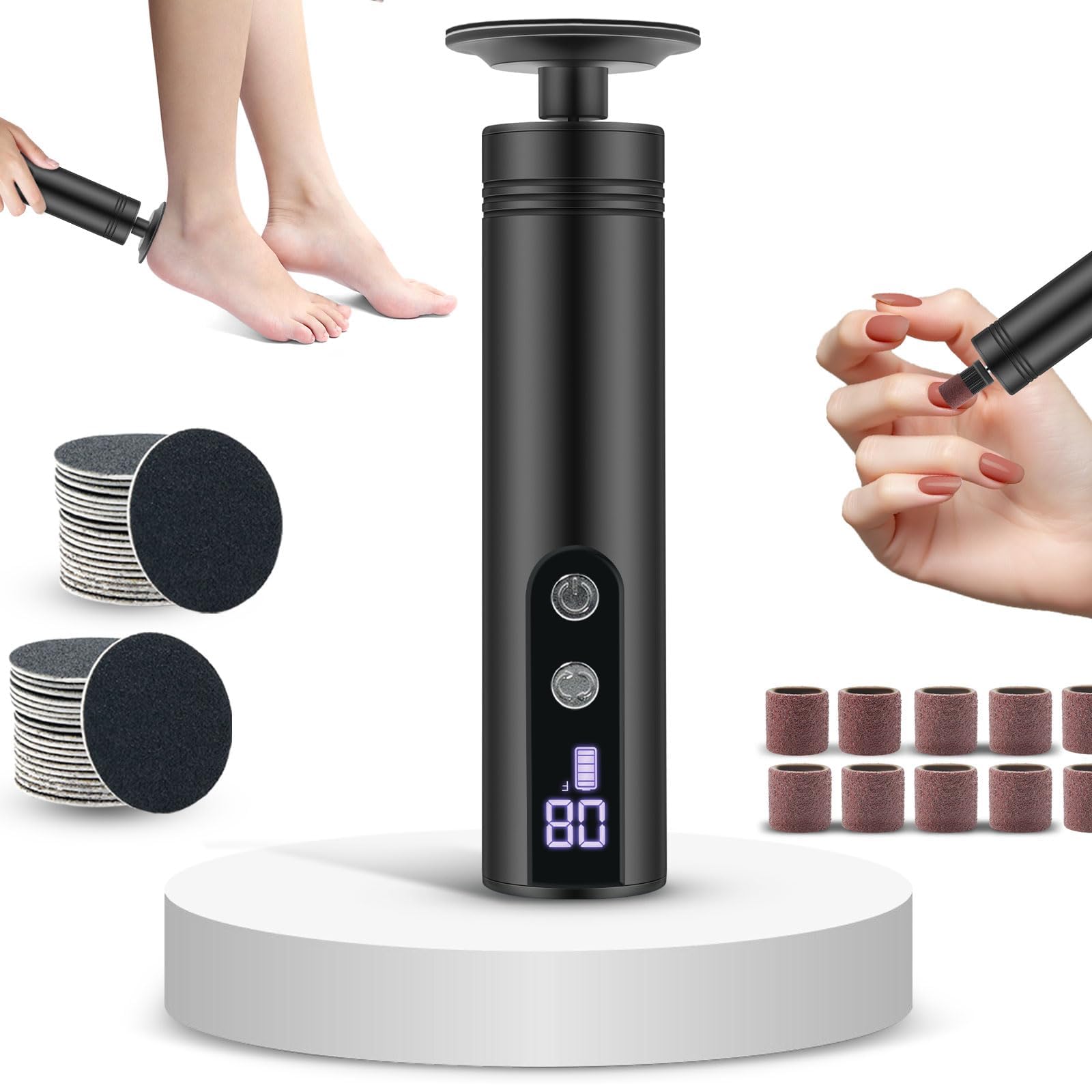 2-in-1 hornhautentferner elektrisch mit 9 Einstellbaren Geschwindigkeiten Wiederaufladbare LED Pediküre und Maniküre Set mit Auswechselbare Schleifscheiben für Fuß & Nagelpflege
