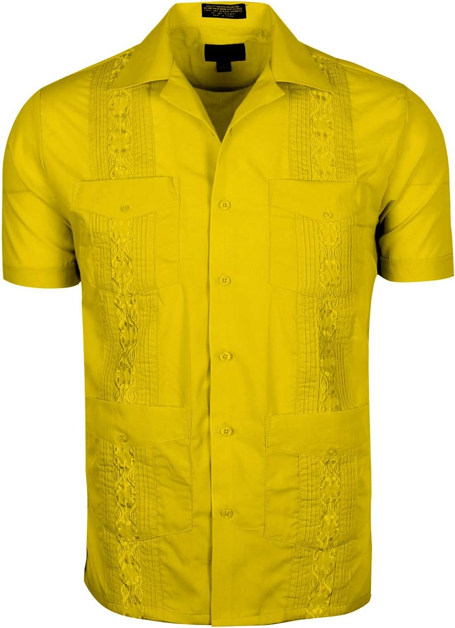 TrueM Men's Short Sleeve Cuban Guayabera Shirts (Yellow, Small)