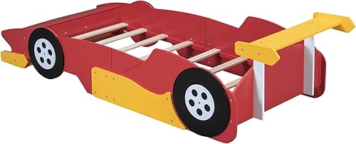 Miniatura 316 de Cama de plataforma en forma de auto de carreras con ruedas, cama de plataforma de madera tamaño individual con barandilla, cama de plataforma para