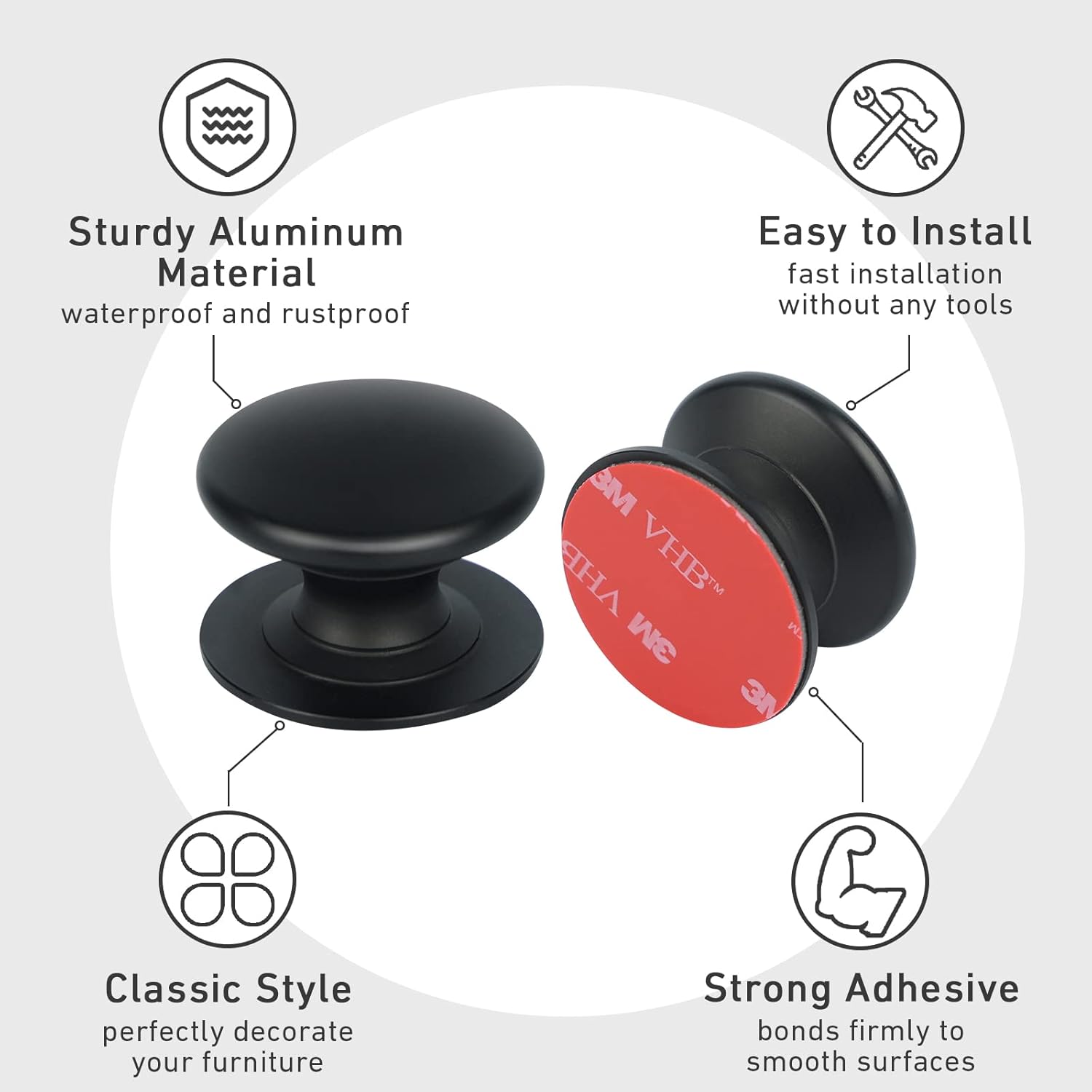 4 Pack Aluminum Self-Stick Knobs No Drilling Self-Adhesive Drawer Knobs Silver Cabinet Handle Pull with Adhesive Black Stick On Handle for Cupboard Fridge Dresser Window 4pcs/Set (Black)
