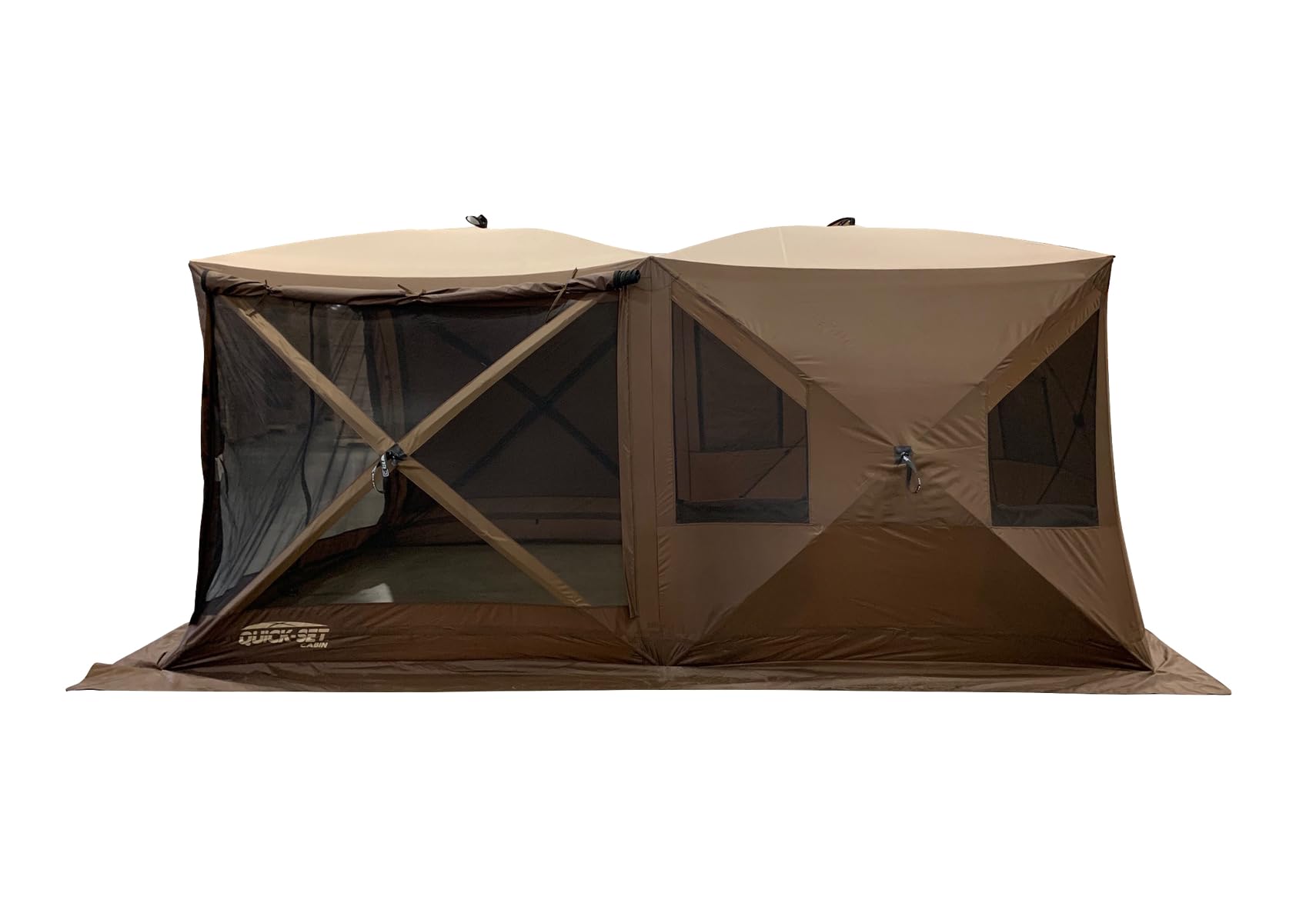 Quick-Set Cabin Pop-Up Screen Tent – 8-Person Shelter with Removable Divider, Floor & Rain Fly – Instant Setup, Tear-Resistant Mesh, Built-in Wind Panels – Brown/Tan/Black, 112 sq. ft.