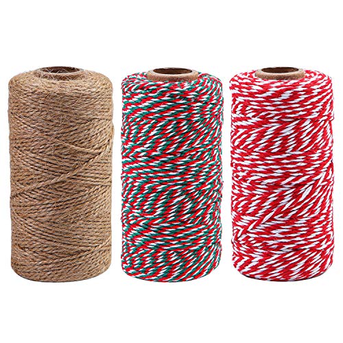 Elcoho 3 Rolls Christmas Twine Natural Jute String Cotton Twine for Gift Wrapping DIY Crafts Gardeningï¼Œ984 Feet Totally (Color A)