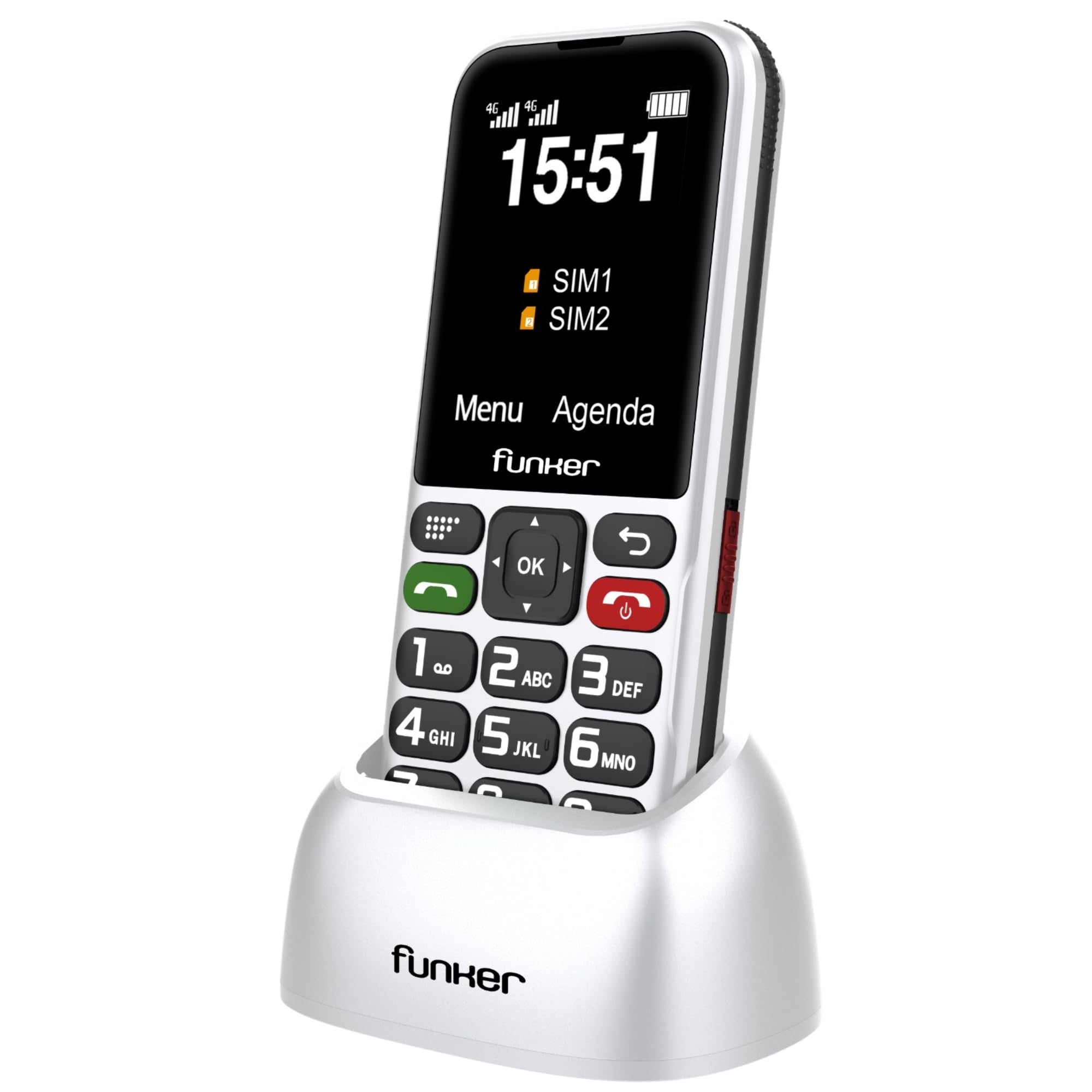 Funker C180 Telefon komórkowy 4G dla seniorów i domu, duże klawisze, ekran 2,4 cala, stacja ładująca, bateria 1800 mAh, łatwe klawisze, wysoki dźwięk głosu HD, biały