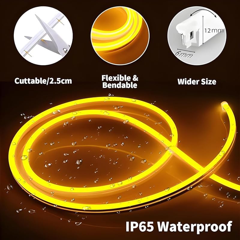 Image of 16.4 Feet LED Neon Strip Light | 12V Adapter, Waterproof IP65, Silicone Flexible Rope Light for Home Wall Decor & Gaming Room| Led Strip Lights | Neon Lights 5 Meter | (Yellow)