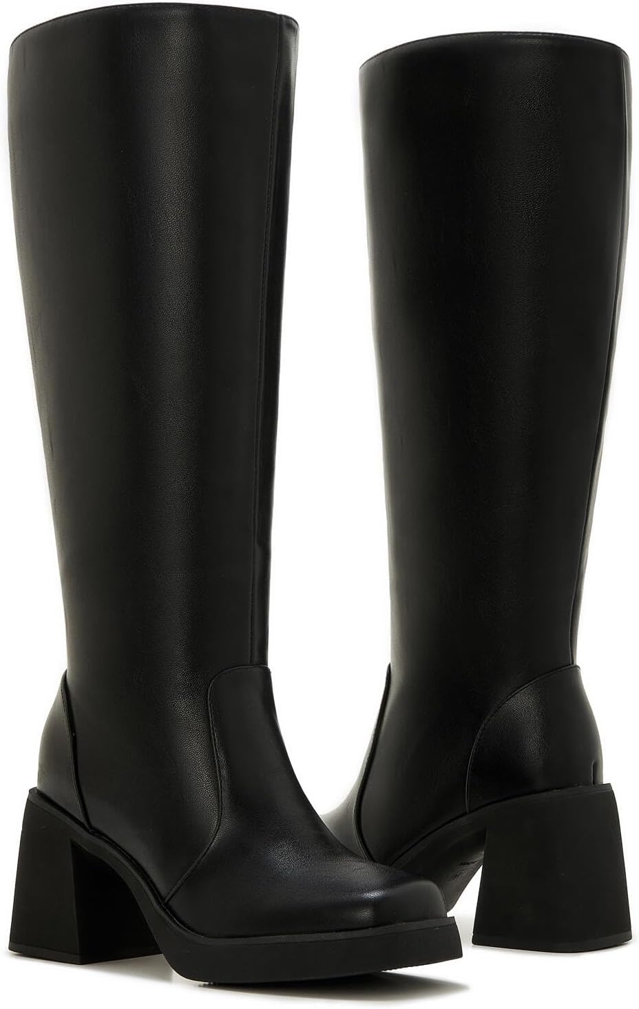 ZXHYZLZ Wide Calf 70s Gogo Boots for Women Plus Size – Tall Knee High Square Toe Chunky Heel Retro Boots
