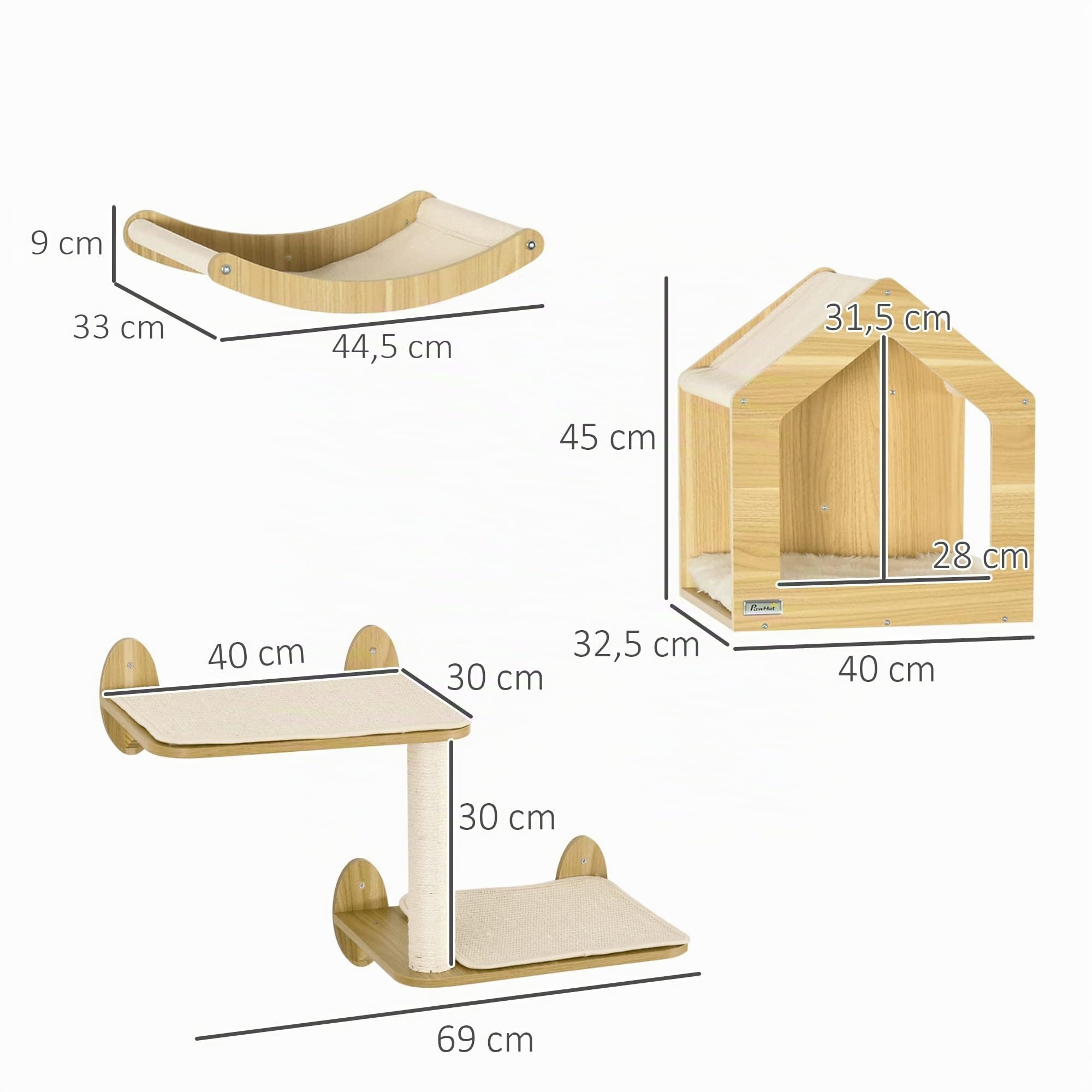 PawHut Estantes para Gatos de Pared 3 Piezas con Caseta y Hamaca Roble | Juego de Estantes Escalada para Gatos, Plataformas, Poste de Sisal