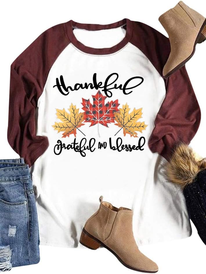women give thanks pumpkin letter print t-shirt thanksgiving baseball 3/4 sleeve top large white5