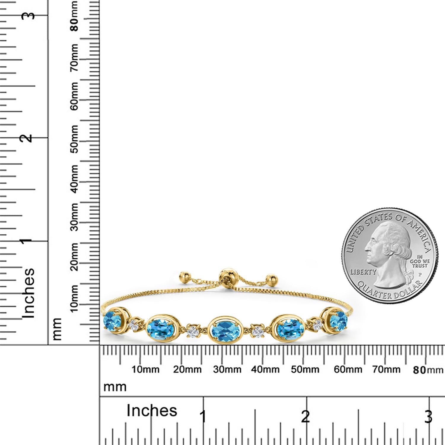 Gem Stone King 18K Yellow Gold Plated Silver Swiss Blue Topaz and Lab Grown Diamond Bracelet For Women | 5.40 Cttw | Gemstone Birthstone | Oval Checkerboard 7X5MM | Fully Adjustable 9 Inch