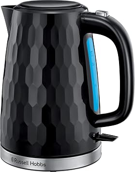 Russell Hobbs Honeycomb Electric 1.7L Cordless Kettle Fast Boil 3KW, Black premium plastic, matt & high gloss finish, Removable washable anti-scale filter, Push button lid, Perfect pour spout 26051